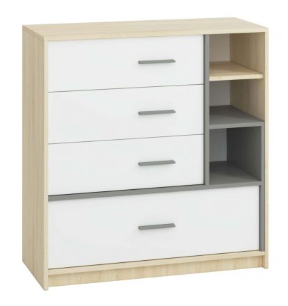 Chambre d'adolescents - Commode Jurupa 06, couleur : hêtre / blanc / gris platine - Dimensions : 100 x 95 x 41 cm (h x l x p), avec 4 tiroirs et 3 compartiments