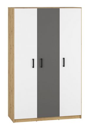 Chambre d'adolescents - Armoire à portes battantes / armoire Sallingsund 02, couleur : chêne / blanc / anthracite - Dimensions : 191 x 120 x 51 cm (H x L x P), avec 3 portes et 5 compartiments