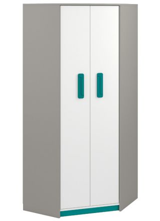 Chambre d'enfant - Armoire à portes battantes / armoire d'angle Renton 01, couleur : gris platine / blanc / bleu vert - Dimensions : 199 x 82 x 82 cm (H x L x P), avec 2 portes et 6 compartiments
