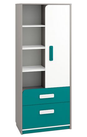 Nursery - Armoire Renton 03, couleur : gris platine / blanc / bleu-vert - Dimensions : 199 x 80 x 40 cm (H x L x P), avec 1 porte, 2 tiroirs et 8 compartiments