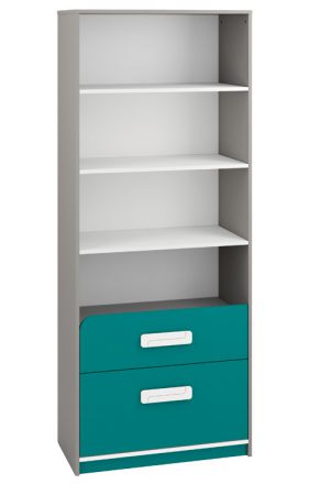 Chambre d'enfant - Étagère Renton 04, couleur : gris platine / blanc / bleu-vert - Dimensions : 199 x 80 x 40 cm (H x L x P), avec 2 tiroirs et 4 compartiments