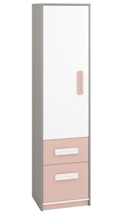 Chambre d'enfant - Armoire Renton 05, couleur : gris platine / blanc / rose poudré - Dimensions : 199 x 50 x 40 cm (H x L x P), avec 1 porte, 2 tiroirs et 4 compartiments