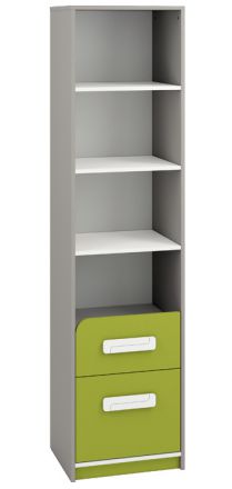Chambre d'enfant - Étagère Renton 06, couleur : gris platine / blanc / vert - Dimensions : 199 x 50 x 40 cm (H x L x P), avec 2 tiroirs et 4 compartiments