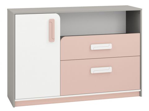 Chambre d'enfant - Renton 09 Commode, couleur : gris platine / blanc / rose poudré - Dimensions : 94 x 138 x 40 cm (H x L x P), avec 1 porte, 2 tiroirs et 4 compartiments