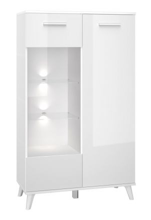 Vitrine Kaskinen 08, Couleur : Blanc / Blanc brillant - Dimensions : 152 x 90 x 40 cm (h x l x p), avec 2 portes et 8 compartiments