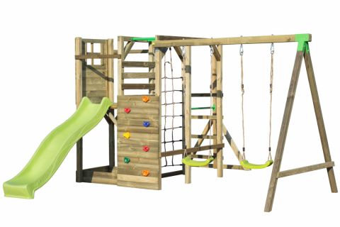 Tour de jeux S6A avec toboggan ondulé, balançoire double, bac à sable, mur d'escalade, cage à grimper, filet à grimper et barre fixe - Dimensions : 380 x 460 cm (l x p)