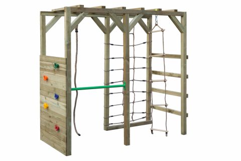 Echafaudage à grimper S10 avec mur d'escalade, échelle en bois, filet à grimper, échelle de corde, corde à grimper et barre fixe - Dimensions : 220 x 100 cm (l x p)