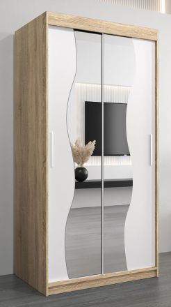 Armoire à portes coulissantes / Penderie Robinyera 01 avec miroir, Couleur : Chêne de Sonoma / Blanc mat - Dimensions : 200 x 100 x 62 cm ( H x L x P)