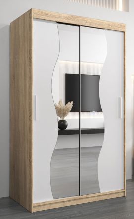 Armoire à portes coulissantes / Penderie Robinyera 02 avec miroir, Couleur : Chêne de Sonoma / Blanc mat - Dimensions : 200 x 120 x 62 cm ( H x L x P)