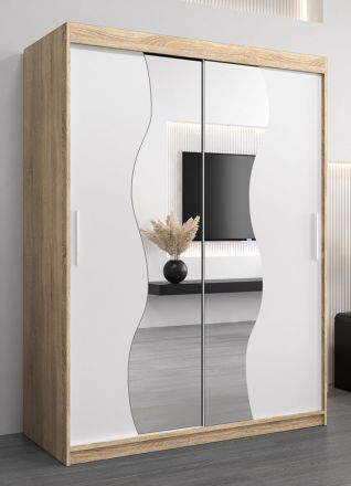 Armoire à portes coulissantes / Penderie Robinyera 03 avec miroir, Couleur : Chêne de Sonoma / Blanc mat - Dimensions : 200 x 150 x 62 cm ( H x L x P)