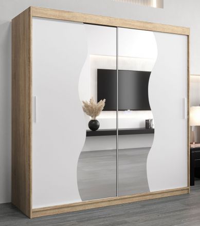 Armoire à portes coulissantes / Penderie Robinyera 05 avec miroir, Couleur : Chêne de Sonoma / Blanc mat - Dimensions : 200 x 200 x 62 cm ( H x L x P)