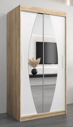 Armoire à portes coulissantes / Penderie Calvitero 01 avec miroir, Couleur : Chêne de Sonoma / Blanc mat - Dimensions : 200 x 100 x 62 cm ( H x L x P)