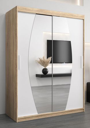Armoire à portes coulissantes / Penderie Calvitero 03 avec miroir, Couleur : Chêne de Sonoma / Blanc mat - Dimensions : 200 x 150 x 62 cm ( H x L x P)