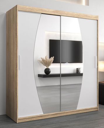 Armoire à portes coulissantes / Penderie Calvitero 04 avec miroir, Couleur : Chêne de Sonoma / Blanc mat - Dimensions : 200 x 180 x 62 cm ( H x L x P)