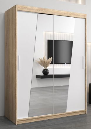 Armoire à portes coulissantes / Penderie Guajara 03 avec miroir, Couleur : Chêne de Sonoma / Blanc mat - Dimensions : 200 x 150 x 62 cm (H x L x P)