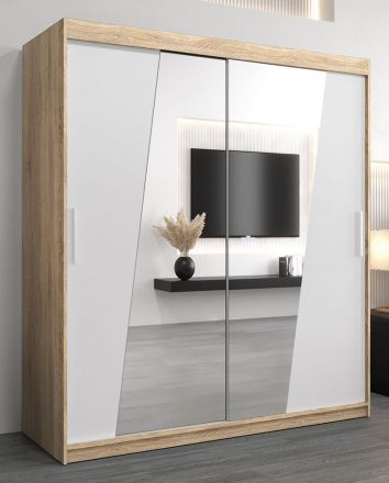 Armoire à portes coulissantes / Penderie Guajara 04 avec miroir, Couleur : Chêne de Sonoma / Blanc mat - Dimensions : 200 x 180 x 62 cm (H x L x P)
