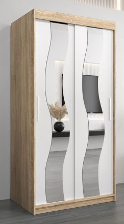 Armoire à portes coulissantes / Penderie Hacho 1 avec miroir, Couleur : Chêne de Sonoma / Blanc mat - Dimensions : 200 x 100 x 62 cm ( H x L x P)