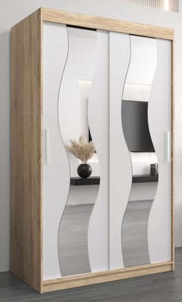 Armoire à portes coulissantes / Penderie Hacho 02 avec miroir, Couleur : Chêne de Sonoma / Blanc mat - Dimensions : 200 x 120 x 62 cm ( H x L x P)