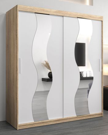 Armoire à portes coulissantes / Penderie Hacho 04 avec miroir, Couleur : Chêne de Sonoma / Blanc mat - Dimensions : 200 x 180 x 62 cm ( H x L x P)