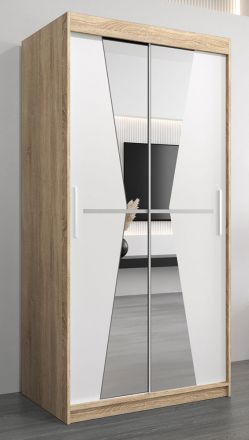 Armoire à portes coulissantes / Penderie Naranco 01 avec miroir, Couleur : Chêne de Sonoma / Blanc mat - Dimensions : 200 x 100 x 62 cm ( H x L x P)