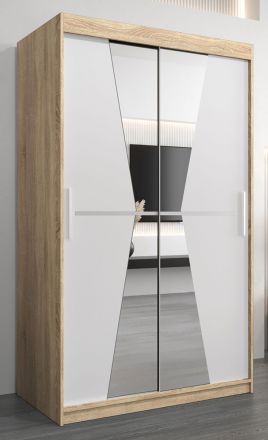 Armoire à portes coulissantes / Penderie Naranco 02 avec miroir, Couleur : Chêne de Sonoma / Blanc mat - Dimensions : 200 x 120 x 62 cm ( H x L x P)
