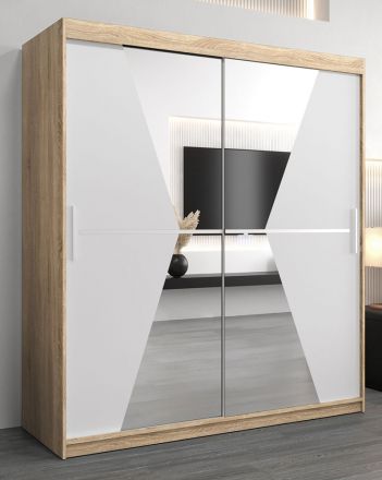 Armoire à portes coulissantes / Penderie Naranco 04 avec miroir, Couleur : Chêne de Sonoma / Blanc mat - Dimensions : 200 x 180 x 62 cm ( H x L x P )