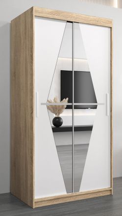 Armoire à portes coulissantes / Penderie Alphubel 01 avec miroir, Couleur : Chêne de Sonoma / Blanc mat - Dimensions : 200 x 100 x 62 cm ( H x L x P)