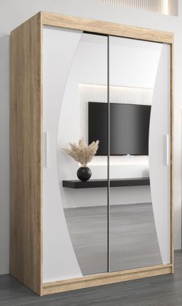 Armoire à portes coulissantes / Penderie Combin 02 avec miroir, Couleur : Chêne de Sonoma / Blanc mat - Dimensions : 200 x 120 x 62 cm (H x L x P)