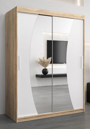 Armoire à portes coulissantes / Penderie Combin 03 avec miroir, Couleur : Chêne de Sonoma / Blanc mat - Dimensions : 200 x 150 x 62 cm (H x L x P)