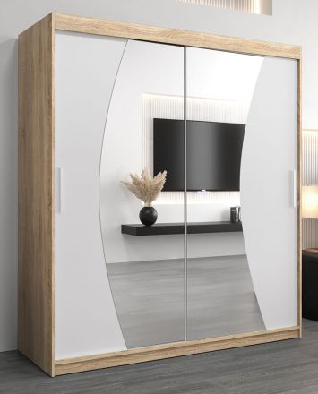 Armoire à portes coulissantes / Penderie Combin 04 avec miroir, Couleur : Chêne de Sonoma / Blanc mat - Dimensions : 200 x 180 x 62 cm (H x L x P)
