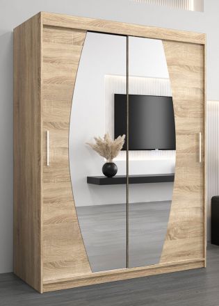 Armoire à portes coulissantes / Penderie Calvitero 03 avec miroir, Couleur : Chêne de Sonoma - Dimensions : 200 x 150 x 62 cm ( H x L x P)