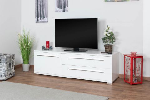 Meuble TV Garim 28, couleur : blanc brillant - 46 x 150 x 45 cm (H x L x P)