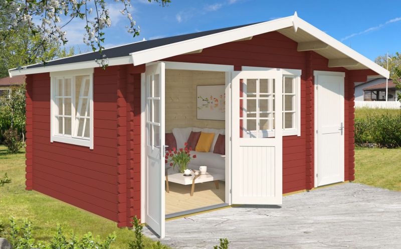 Abri de jardin G58 Rouge suédois avec plancher - 40 mm Maison en madriers, surface au sol : 18,90 m², Toit à deux versants