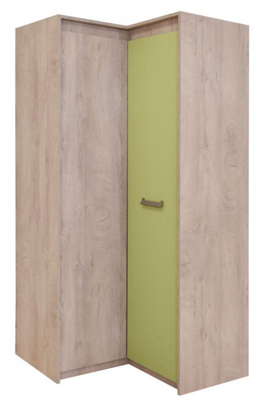 Chambre d'enfant - Armoire à portes battantes / armoire d'angle Koa 04, Couleur : Chêne / Vert - Dimensions : 203 x 98 x 98 cm (H x L x P)