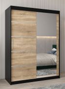 Armoire à portes coulissantes / Penderie Jan 03B avec miroir, Couleur : Noir / Chêne de Sonoma - Dimensions : 200 x 150 x 62 cm ( H x L x P)