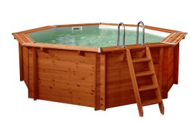Piscine en bois Gardenflair 01, octogonale, 5,30 x 1,38 mètres, échelle de piscine, bâche de piscine, voile de fond et voile de paroi, raccords d'angle en acier inoxydable et projecteur LED inclus