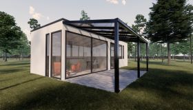 Abri de terrasse L 04, Toit : verre transparent 10 mm, Surface au sol : 21,32 m² - Dimensions : 350 x 609 cm (l x L)