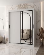 Armoire à portes coulissantes / Penderie à vêtements / Blanc mat / 150 x 62 x 200 cm / 2 tringles à vêtements / Système de glissières fiable / 5 compartiments / Miroir décoratif