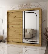 Penderie à portes coulissantes / Couleur : Chêne artisan / Miroir décoratif / 200 x 62 x 200 cm / 10 compartiments / 2 tringles à vêtements / Détails modernes / Armoire