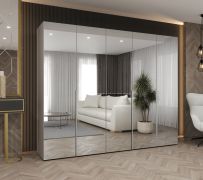 Armoire à portes battantes de 2,5 mètres de large Eiger 153, Couleur : Cachemire, cinq portes à miroir, Poignées : cachemire, fonction soft-close, trois compartiments, trois tringles à vêtements