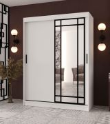 Armoire à portes coulissantes | Blanc mat | Porte miroir décorative | 150 x 62 x 200 cm | 5 compartiments | 2 tringles à vêtements | Armoire à portes coulissantes | Modèle élégant