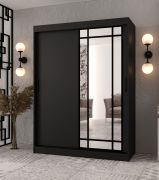 Penderie à portes coulissantes / Noir mat / Porte miroir décorative / 150 x 62 x 200 cm / 5 compartiments / 2 tringles à vêtements / Armoire à portes coulissantes / Modèle élégant