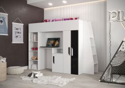 Lit surélevé / lit d'enfant / lit fonctionnel combiné avec bureau, escalier et beaucoup d'espace de rangement Jura 27, Couleur : blanc / noir - Surface de couchage : 90 x 200 cm