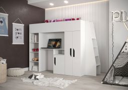 Lit surélevé / lit d'enfant / lit fonctionnel combiné avec bureau, escalier et beaucoup d'espace de rangement Jura 33, Couleur : blanc / noir - Surface de couchage : 90 x 200 cm