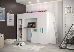 Lit mezzanine combiné enfant Jura 30 | Bureau intégré | Rangement généreux | Blanc / Turquoise | 90 x 200 cm