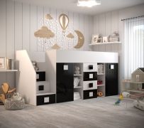 Lit mezzanine enfant Jura 72 avec bureau coulissant et escalier gauche | Blanc/Noir | 90x200 cm | 3 compartiments basculants | 4 tiroirs