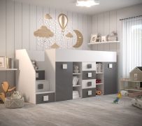 Lit mezzanine enfant Jura 73 | Bureau coulissant & escalier à gauche | 90 x 200 cm | Blanc / Gris | 3 compartiments basculants