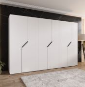 Armoire à portes battantes / Couleur : Blanc / 6 portes / 3 tringles à vêtements / Chants ABS / Poignées : Noir / Dimensions : 300 x 52 x 202 cm / Fonction Soft-Close / 3 compartiments