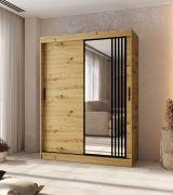 Armoire à portes coulissantes / Couleur : Chêne artisan / 5 compartiments / 2 tringles / Détails modernes / 1 porte miroir / 150 x 62 x 200 cm / Penderie