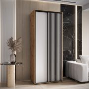 Armoire à portes coulissantes Mina de 1 mètre de large, en blanc/chêne, avec brosses anti-poussière, poignées métalliques noires, façade en panneau stratifié, robuste
